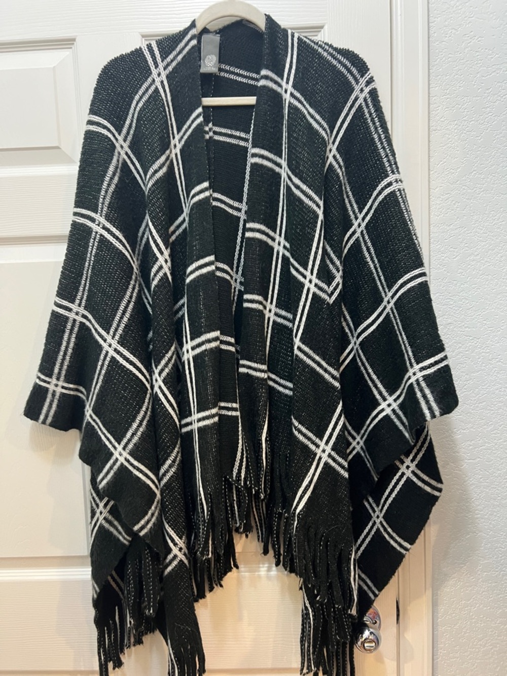 Vince Camuto Black and White Knit Plaid Poncho